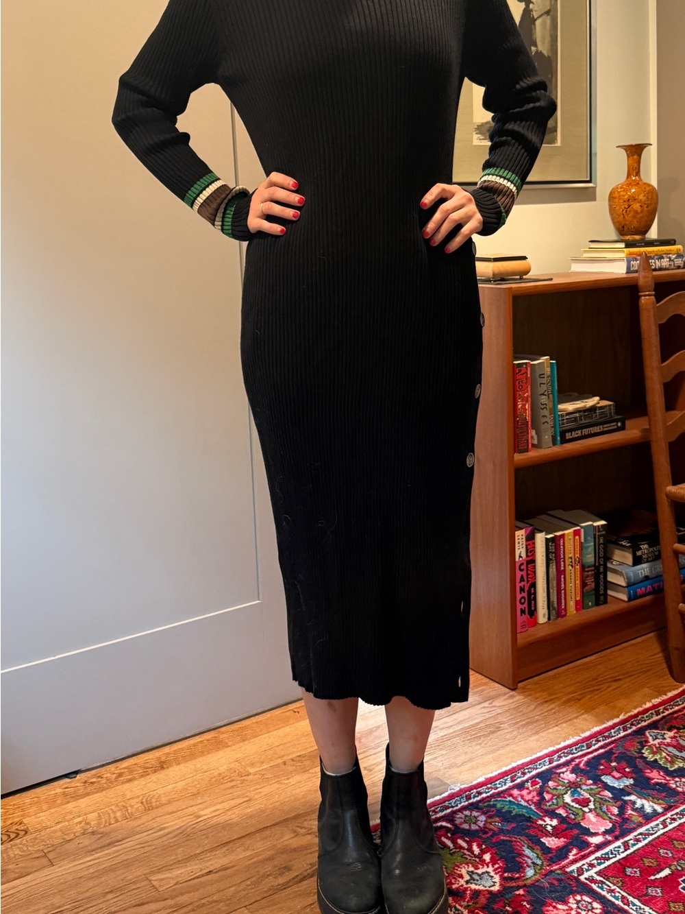 Vanessa Bruno Black Midi Ribbed Knit Dress with Green and Tan Stripe Cuffs